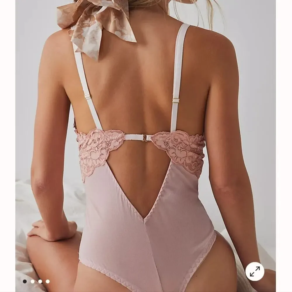 NWT We Are Hah x Free People Bust Out Lace Mesh Bodysuit Sheer Pink Floral XS